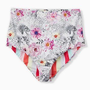 CORAL STRIPE & WHITE FLORAL REVERSIBLE HIGH WAIST